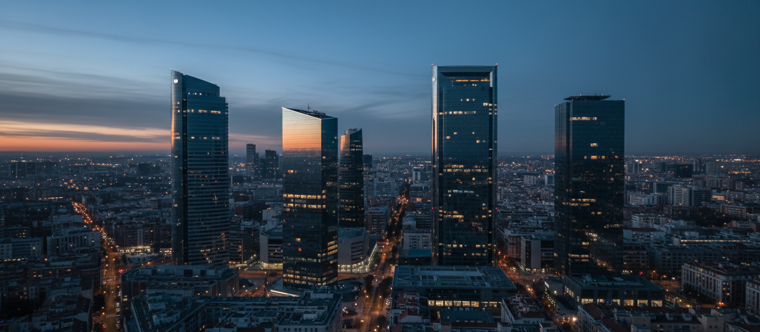 Vista aérea de una ciudad europea al atardecer